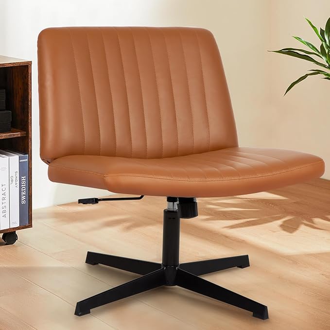 PayLessHere | Criss Cross Chair | Brown | Wide, Armless Desk Chair Without Wheels | 360 Swivel, Height Adjustable & Stable Metal Base | for Office, Home Office, Vanity Seating