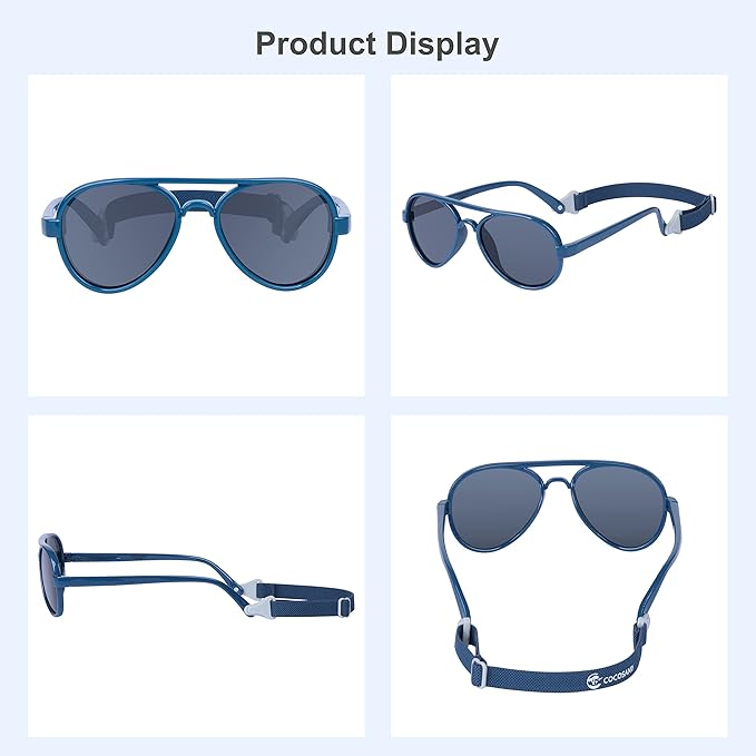 COCOSAND Baby Boys Girls Aviator Sunglasses with Strap Polarized Flexible Retro Pilot for Infants Toddler Age 0-24 Months