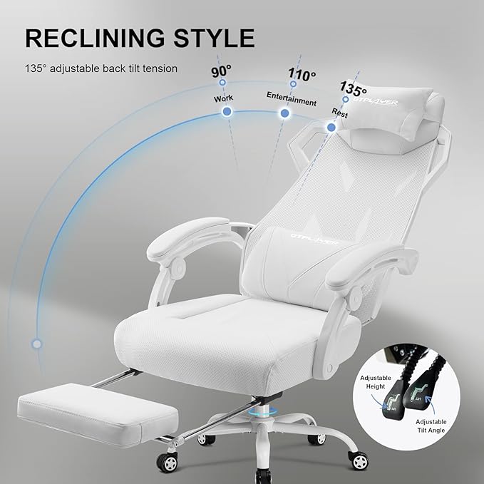 GTPLAYER Gaming Chair, Computer Chair with Mesh Back, Ergonomic Game Chair with Footrest, Reclining Game Chair with Adjustable Headrest and Lumbar Support for Gaming and Office (White)