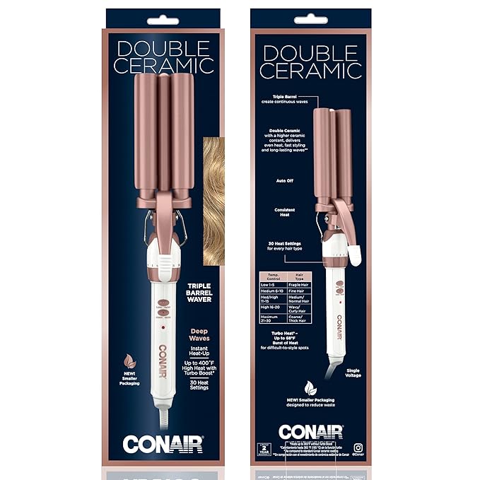 Conair Double Ceramic 3 Barrel Curling Iron,Triple Barrel Waver Tool Creates Deep,Continuous Waves,Hair Curler for All-Hair Lengths,White/Rose Gold(Pack of 3)