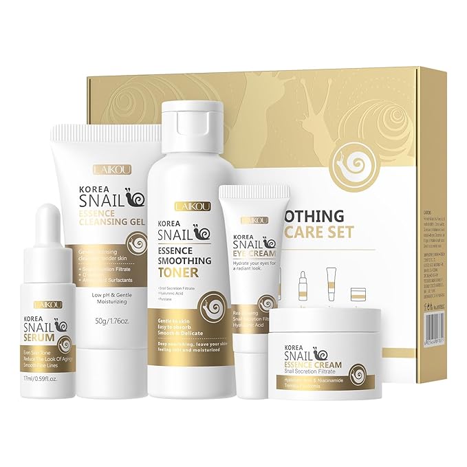 LAIKOU Korean Skin Care Set, Facial Skin Care Products, Skin Care Kit with Snail Serum, Cleansing Gel, Toner, Eye Cream, Essence Cream 5pcs for Women Teen Girls Mom Daughter Lover Christmas Birthday