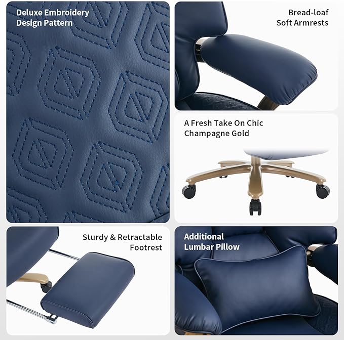 Big and Tall Executive Office Chair with Footrest, 400LBS Capacity Ergonomic High-Back Desk Office Chair with Lumbar Support, Padded Armrests & Thick Cushion, Blue PU Leather Chairs