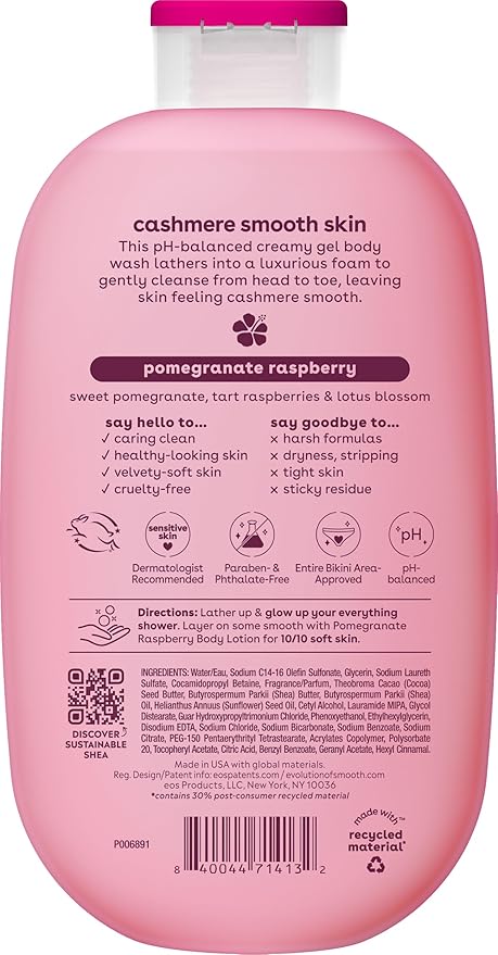 eos Cashmere Body Wash – Pomegranate Raspberry, Moisturizing Body Wash, Creamy Gel Formula, with Shea Butter, Glycerin, Vitamin E, pH Balanced, Sensitive Skin, Vegan, 16 fl oz