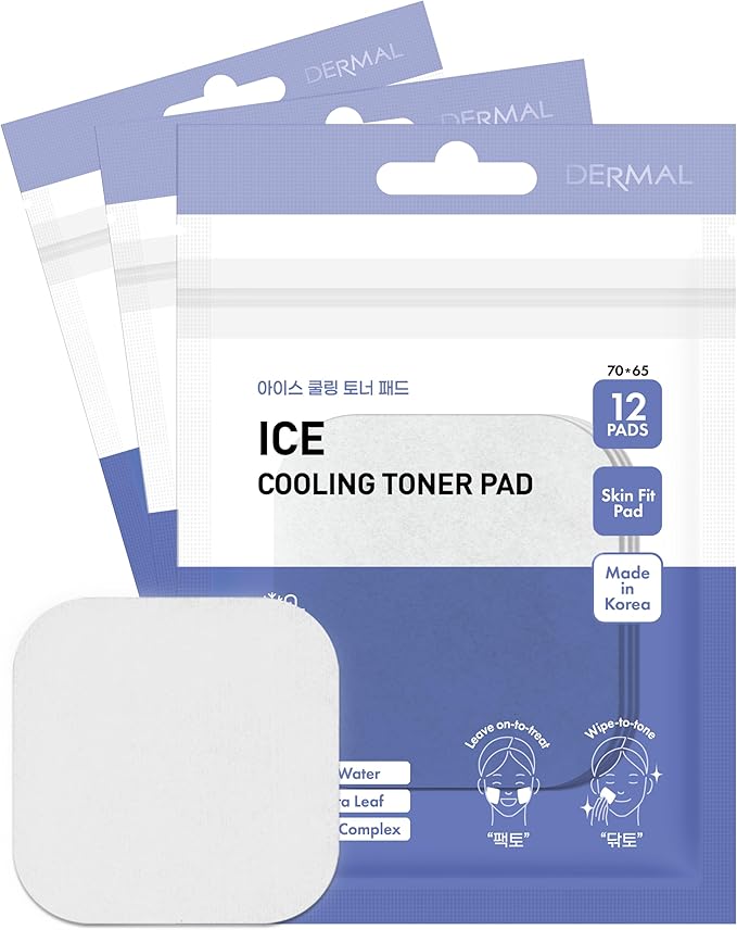 DERMAL Ice Cooling Toner Pad - Korean Soothing & Hydrating Toner Pads with Aloe Vera - After Suncare, Sunburn Relief, Redness Relief - Vegan Square Pads - Travel Kit 12 ea, 3 Pack (Total 36 ea)