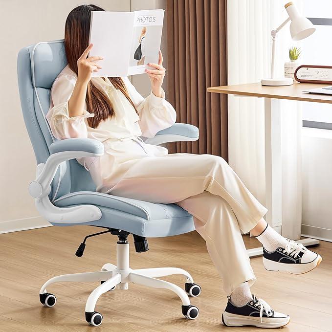 Executive Office Chair with High Back, Computer Desk Chair with Lumbar Support,Comfortable Leather Home Office Chairs 400lbs with Padded Flip-up Armrests, Adjustable Height,Tilting, LightBlue