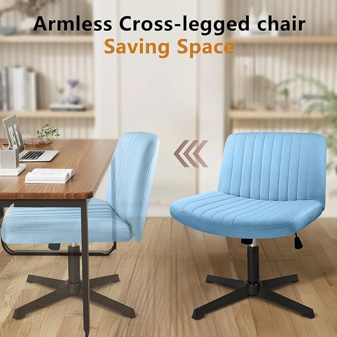 Criss Cross Chair, Armless Cross Legged Office Vanity Chair, Comfortable Fabric Wide Swivel Criss Cross Desk Chair for Home Office, Height Adjustable Vanity Criss Cross Chair with Back, Blue