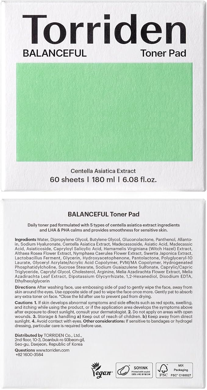 Torriden BALANCEFUL Toner Pad (60 Pads) | Daily Exfoliating Pads with PHA & LHA for Oily, Combo, and Sensitive Skin | 5D CICA, Panthenol