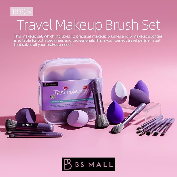 BS-MALL Travel Makeup Brush Set 12 Pcs with Super Soft Makeup Sponges 6 Pcs – Professional, Portable & Multi-Purpose Beauty Tool Kit in Silicone Cosmetic Bag for Daily Use