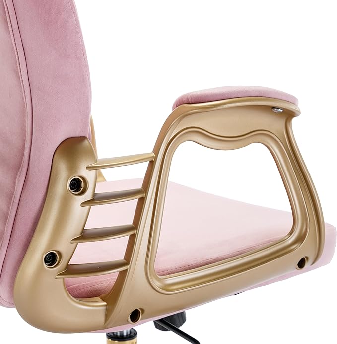Velvet Home Office Desk Chair Comfy with Gold Legs and Arms, Comfortable Makeup Vanity Chair with Back and Wheels, Button Tufted Armchair Swivel Rolling Study Chair for Girls Women,Pink