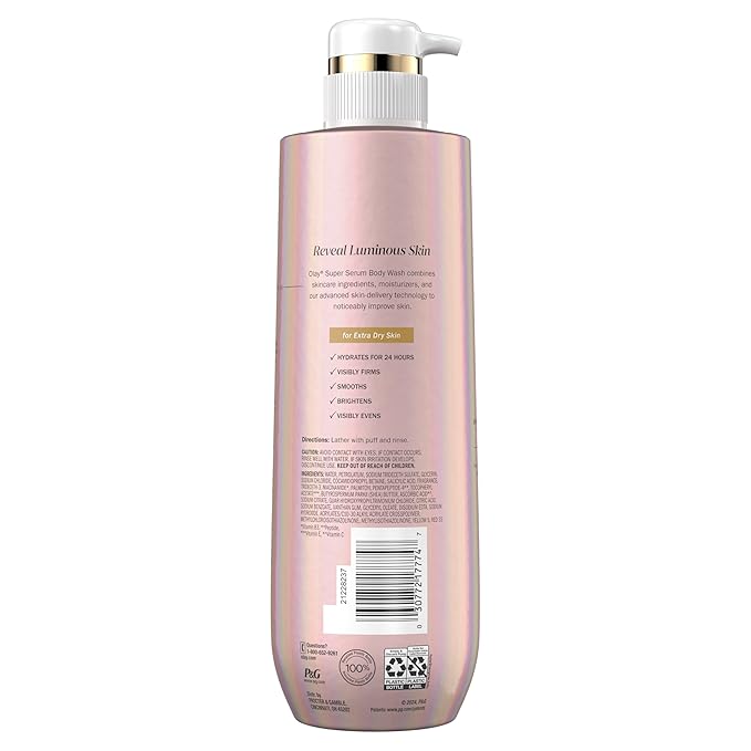 Olay Super Serum Body Wash for Extra Dry Skin, 24hr Long Lasting Hydration, 5+ Ingredient Complex for Bright Even Firm Luminous Skin, with Vitamin E, and Shea Butter 18.5 Fl Oz
