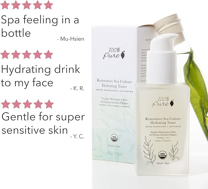100% PURE Restorative Sea Essence Hydrating Toner, Organic Witch Hazel, Sea Kelp & Hyaluronic Acid Anti-Aging Alcohol-Free Facial Toner (4 Fl Oz)