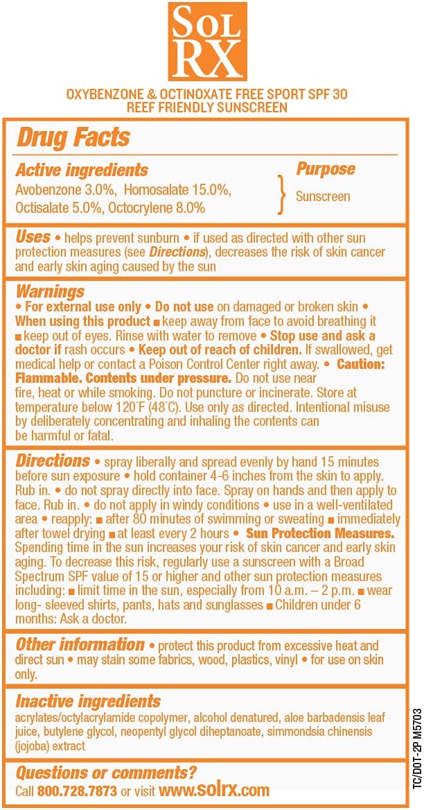 SolRX Sport Sunscreen SPF 30 Dry Spray, 6 oz – Broad Spectrum UVA/UVB, Water & Sweat Resistant, Reef Friendly Formula, Fast-Drying Continuous Sunblock Spray for Active Outdoor Protection