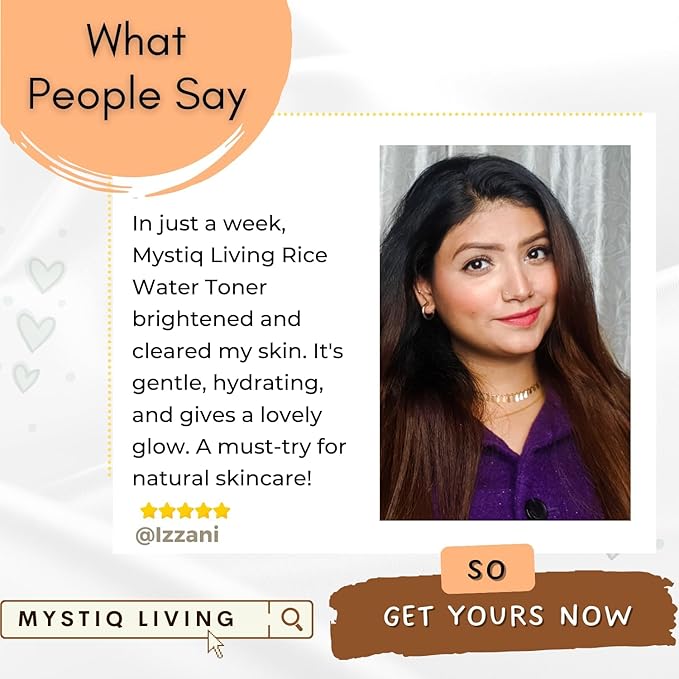 Mystiq Living Fermented Rice Water Toner Spray for Korean Glass Skin | 100% Pure Made with Organic Doon Basmati Rice | Skin Brightening & Glowing Skin