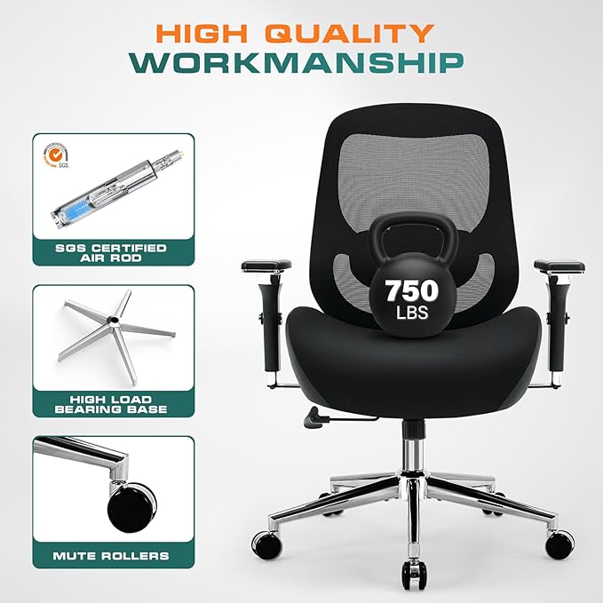 750lbs Big and Tall Office Chair with Wide Thick Seat Cushion for Heavy People Ergonomic Computer Mesh Desk Chairs with 4D Armrests, Adjustable Lumbar Support for Adults 8 Hours daliy Work