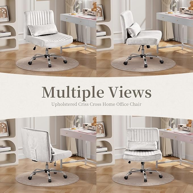Warmiehomy Velvet Office Chair, Luxury Criss Cross Chair with Wheels, Comfy Cross Legged Desk Chair for Home Office, Stylish Vanity Chair, Wide Seat Computer Chair, Best Gift for Girls, White