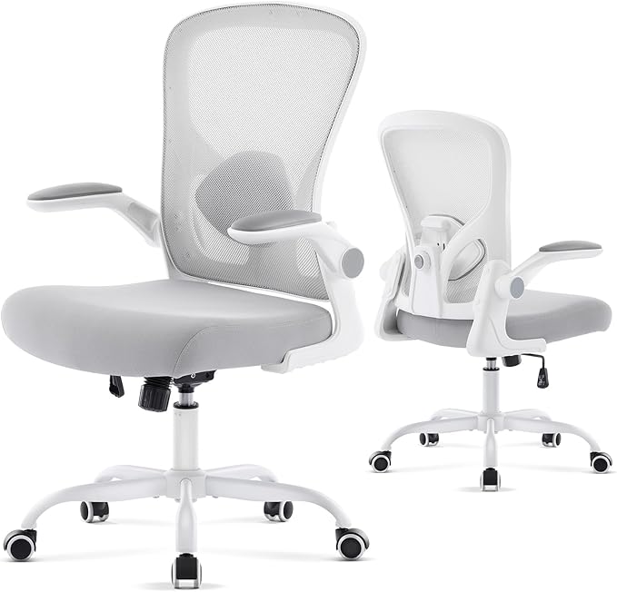Ergonomic Office Chair, Computer Desk Chair with Adjustable Lumbar Support and Flip-up Armrests, Rocking Function, Comfy Mesh Office Desk Chair for Home Office, Grey