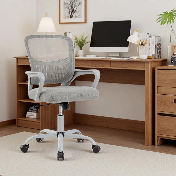 DUMOS Home Office Computer Chair - Ergonomic Mid Back Desk with Lumbar Support and Rocking Mode, Height Adjustable with Fixed Armrest, for Conference Meeting Room, 360° Swivel, Adults, Grey