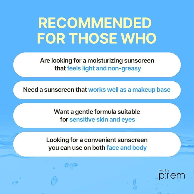 MAKE P:REM Hyal Water-Fit Sunscreen, Law-Irritation Hydrating Face & Body Sunscreen, SPF 50+ PA++++, Korean Sunscreen, 3.38 fl.oz., 100ml