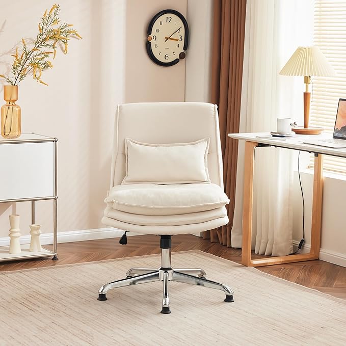VINGLI Cloud Criss Cross Legged Chair,18" High Back Armless Home Office Desk Chair no Wheel,Wide Adjustable Comfy Padded Seat Task Computer Chair,Modern Swivel Makeup Vanity Chair,Microfiber,Beige