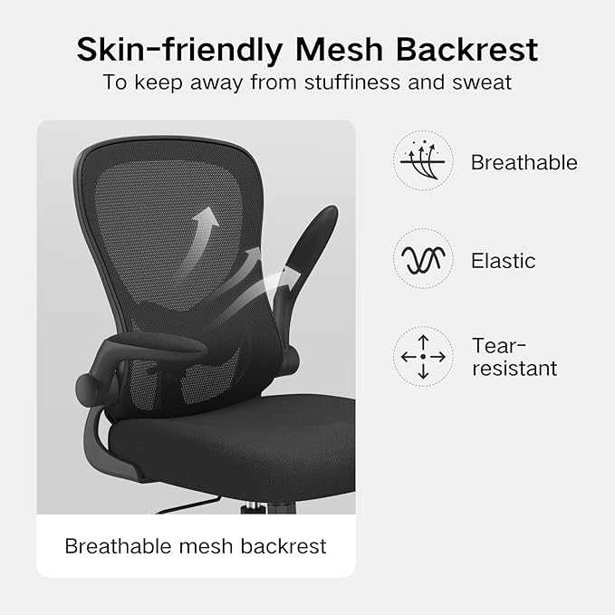 Hbada Office Chair Ergonomic Desk Chair, Office Chairs with PU Silent Wheels, Breathable Mesh Computer Chair with Adjustable Lumbar Support, Flip-up Armrests, Tilt Function, Black