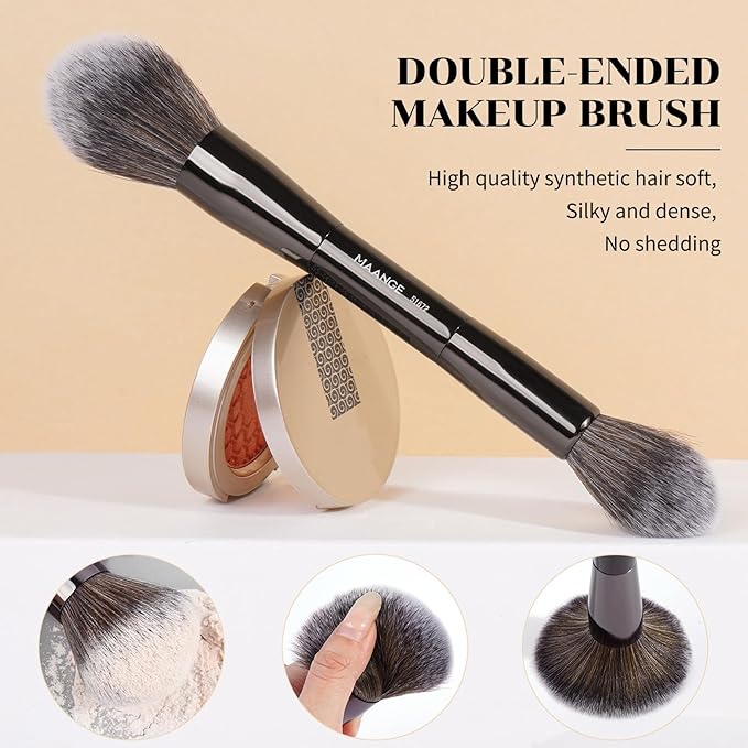 MAANGE 7pcs Makeup Brush Set Double Sided Kabuki Makeup Brushes Contour Brush for Foundation Liquid Powder Concealer Cream Cosmetics Bronzer Blending Blush Buffing Makeup Tools (Black)