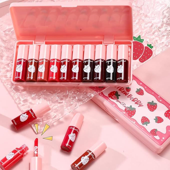 Eakroo 10 Colors Lip Stain Tint Set, Korean Lip Gloss for Women, Moisturizing Korean Lip Tint, Lip Stain Long Lasting Waterproof, High Pigment, Non-Stick Cup, Vivid Color, Lip Tint Makeup (Set A)