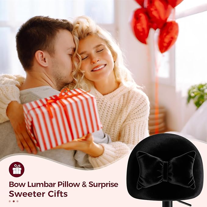 GTPLAYER Velvet Tall Office Chair with Wheels Vanity Chairs with Back, Versatile Height Use: Office to Bar Stools Small Ergonomic Comfy Armlees Computer Desk Chair with Bow Lumbar Pillow for Gift