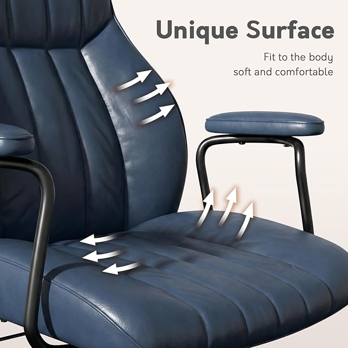 Blue Leather Office Desk Chair with Wheels and Arms, Height Adjustable, Vintage, Mid Century Modern Style