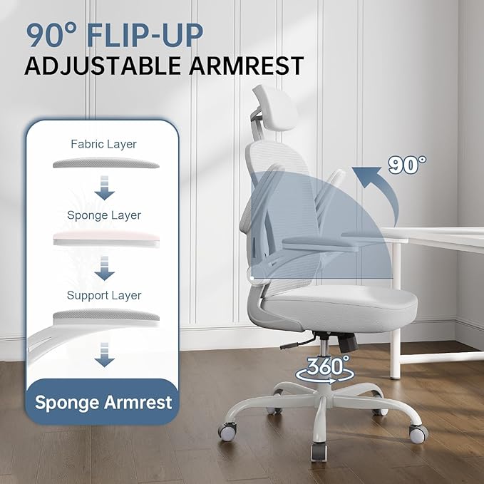 Synorla Office Chair Ergonomic Desk Chair, 330LBS Capacity, High Back Computer Design for Long Hours Comfort, Rolling Swivel Executive Task for Home Office with Flip-up Armrests(Grey)