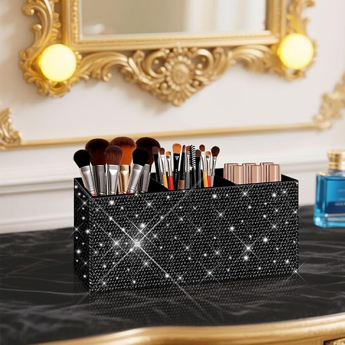 Bling Makeup Brush Holder Organizer, 3 Slot Sparkle Cosmetics Brushes Storage Holders with Shiny Rhinestones, Glitter Cute Pen and Pencil Holder for Desk, Eyeliners Display Case for Vanity(Black)