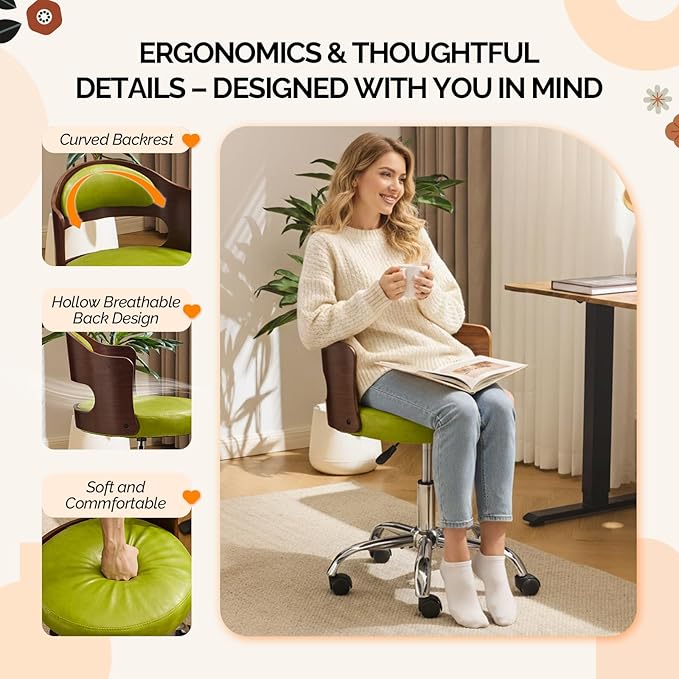 VINGLI Armless Home Office Desk Chair, Adjustable Swivel Chair,Dual-Use with/no Wheels,Small Retro Designed Walnut Curved Task Chair,Cushioned Nail Tech Chair for Study Area,Workspace,PU,Grass Green