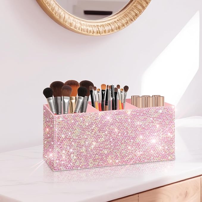 Bling Makeup Brush Holder Organizer, 3 Slot Sparkle Cosmetics Brushes Storage Holders with Shiny Rhinestones, Glitter Cute Pen and Pencil Holder for Desk, Eyeliners Display Case for Vanity(Pink)