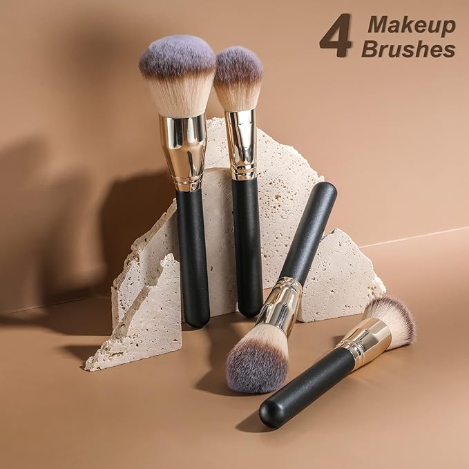 BS-MALL Soft Professional Makeup Brush Set - 4 Pcs Travel-friendly Brushes Including Foundation Brush for Liquid Makeup, Powder Brush & Blush Brush,Daily use (Black Silver)