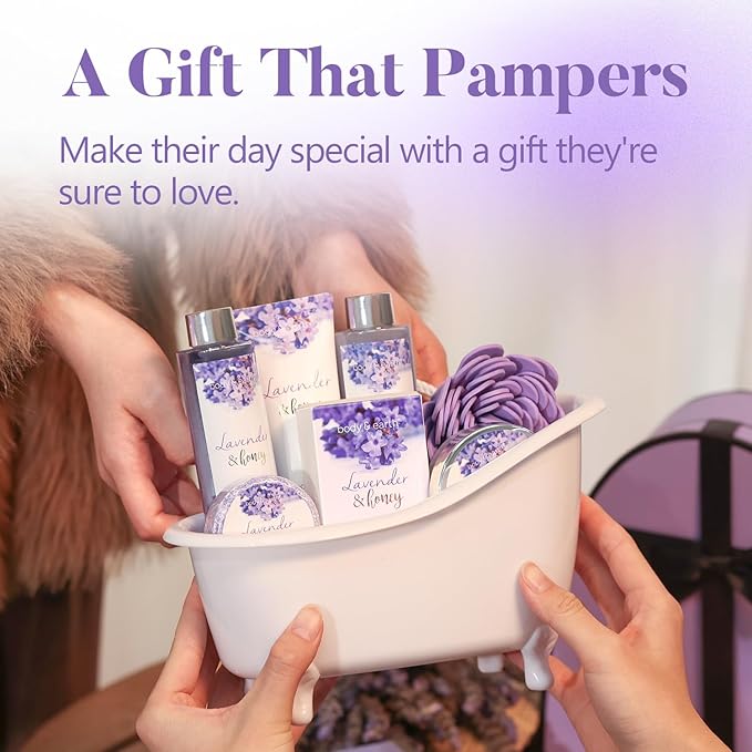 Body & Earth Bath and Body Gift Set - 8 Pcs Lavender Spa Baskets for Women, Spa Kit for Women, Birthday, Holiday, Anniversaries, Mother's Day Gifts for Her, Mom, Wife, Girlfriend
