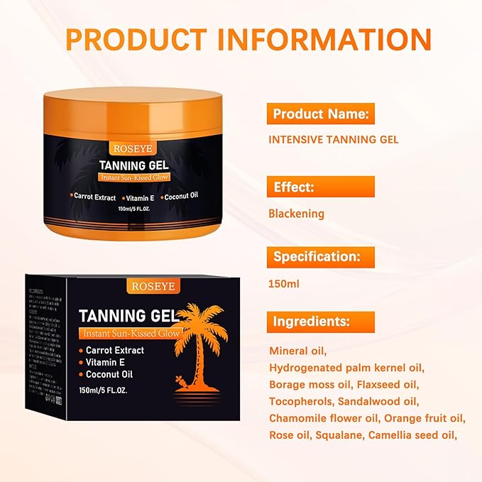 Roseye Intensive Tanning Gel Buildable Natural Glow with Carrot Extract, Coconut Oil Vitamin E Non-Greasy Fast-Absorbing Formula for All Skin Types - 5.8 FL OZ