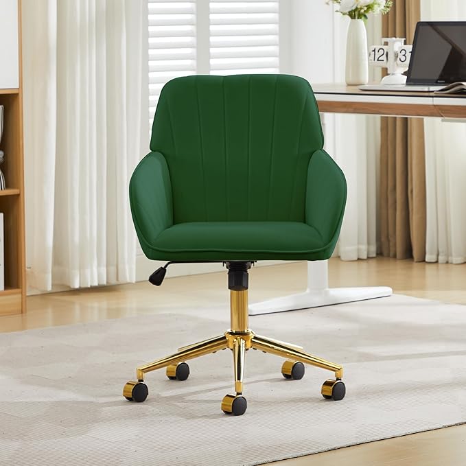 Velvet Home Office Desk Chair, Modern Cute Computer Task Chair with Back, Height Adjustable Upholstered Vanity Chair with Swivel Wheels for Women, Girls (Gold Base, Green