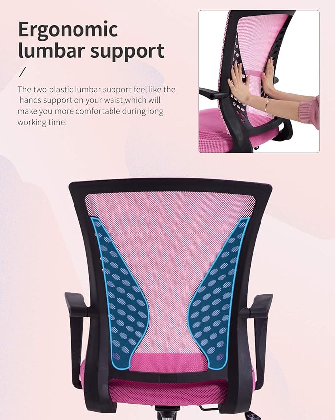FDW Home Office Chair Mid Back PC Swivel Lumbar Support Adjustable Desk Task Computer Ergonomic Comfortable Mesh Chair with Armrest (Pink)