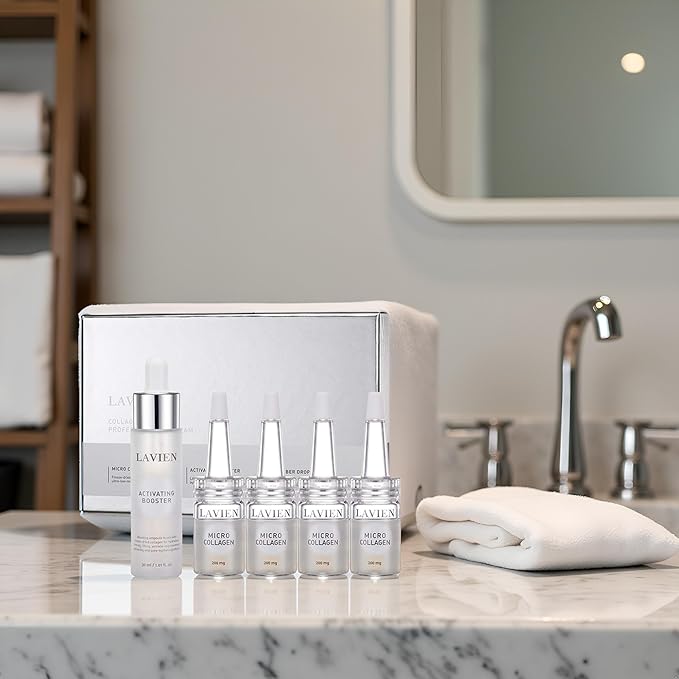 Lavien Collagen Ampoule Professional Program - Activating Booster, Ceramide, Elastin, Hyaluronic Acid, All Skin Types - 30ml Booster Bottle, 4-200mg Collagen with Dropper