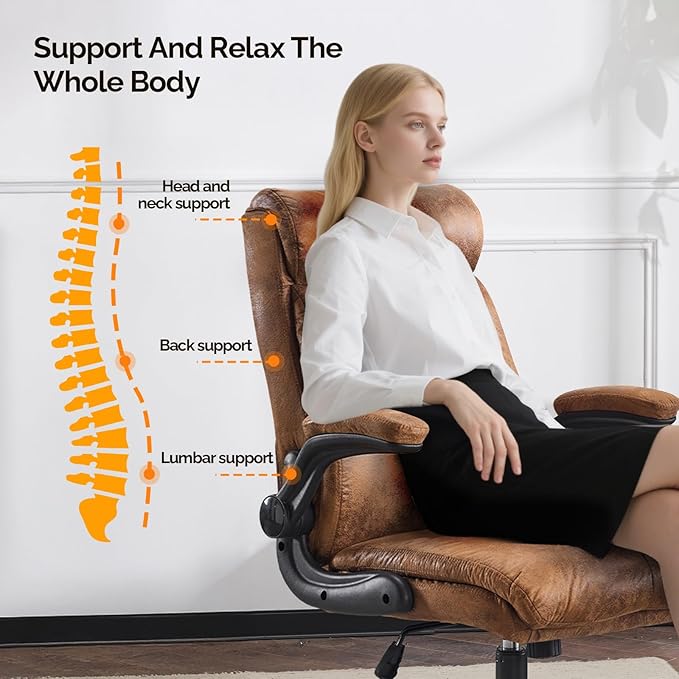 VINGLI Microfiber Brown Rolling Ergonomic Office Desk Chair with Padded Flip-up Arms, 360°Swivel High Back Executive Computer Chair with Wheels for Game,Home Small Space, Study Room, Reading Room
