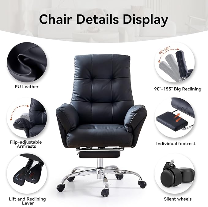 EMIAH Heated and Massage Office Chair with Foot Rest Criss Cross Chair with Wheels and Flip-up Arms Reclining Desk Chair Comfy Wide Seat PU Leather Rolling Computer Home Office Chair (Black)