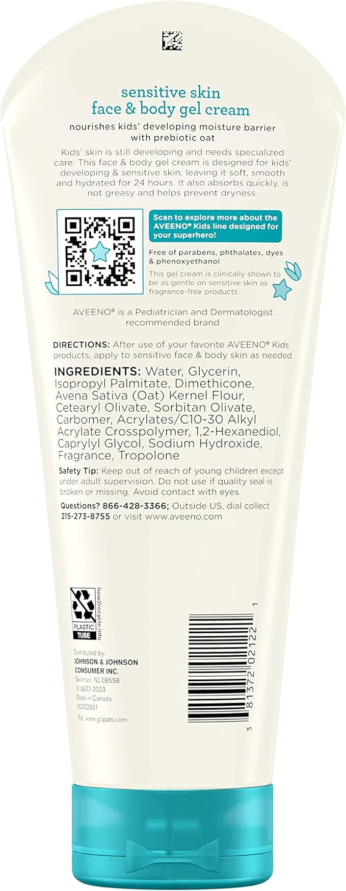 Aveeno Sensitive Skin Face & Body Gel Cream for Kids with Prebiotic Oat, Clinically Proven 24 Hour Hydration for Soft Skin, Quick Drying and Lightweight, Hypoallergenic, 8 oz