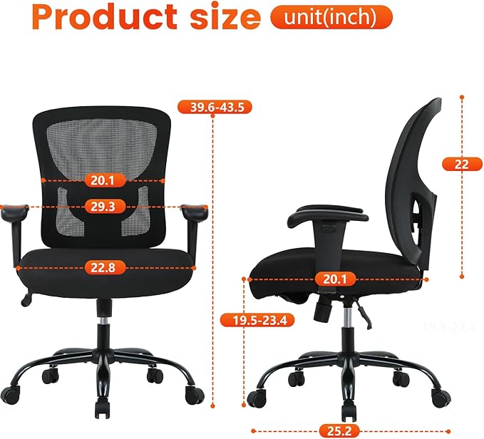 Big and Tall Office Chair 400lbs Wide Seat Desk Chair Computer Chair with Lumbar Support Adjustable Arms Task Rolling Swivel Mesh Executive High Back Ergonomic Chair for Adults Women,Black