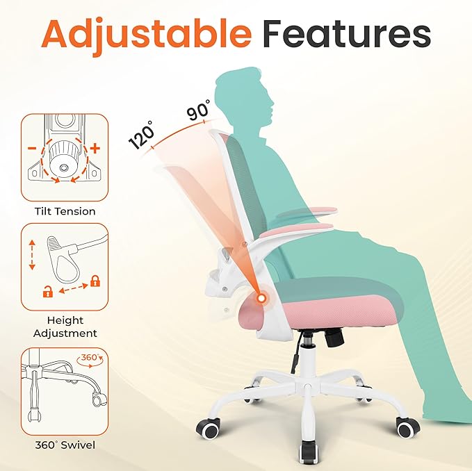 NEO Chair Office Chair Gaming Desk Computer Mesh Ergonomic Chair with Flip-up Arms Comfy Lumbar Support Adjustable Height Rolling Wheels Chair for Home Office (Pink)