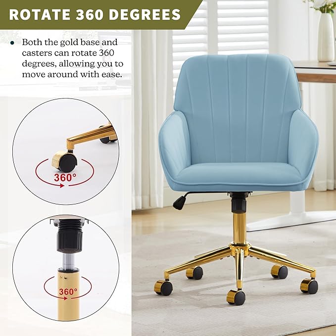Velvet Home Office Desk Chair, Modern Cute Computer Task Chair with Back, Height Adjustable Upholstered Vanity Chair with Swivel Wheels for Women, Girls (Gold Base, Light Blue