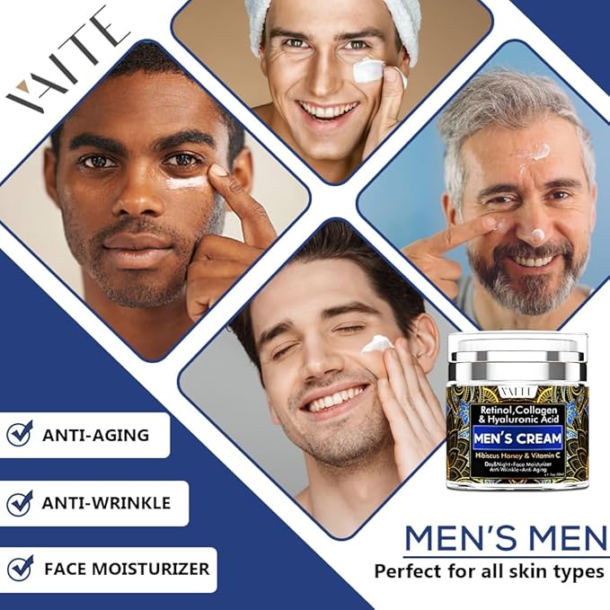 VAITE Mens Face Moisturizer with Collagen, Retinol, Anti-Aging, Anti-Wrinkle Cream for Men, Hydrating Facial Skin Care with Hyaluronic Acid, Hibiscus, Honey & Vitamin C, Day & Night Hydration