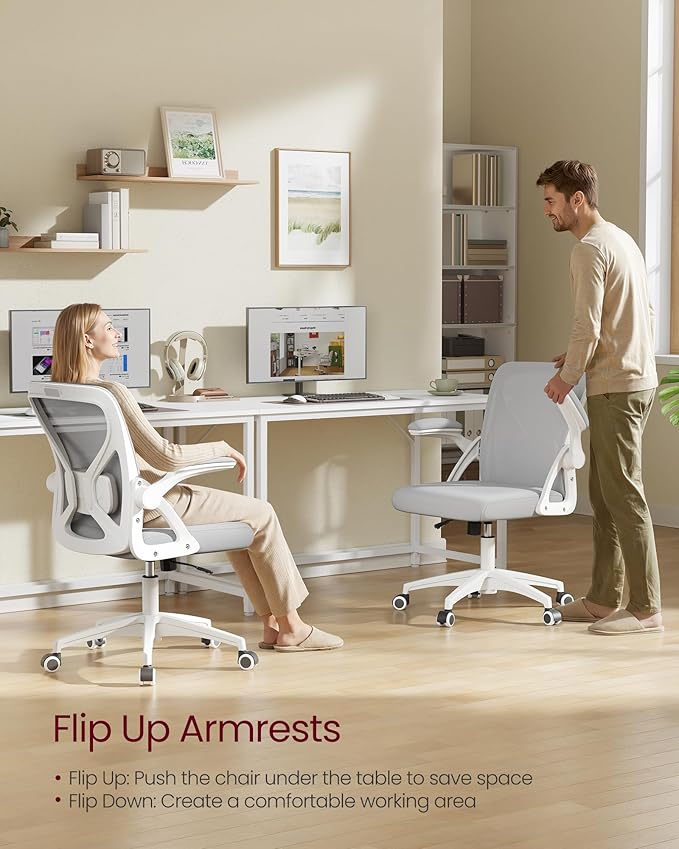 VASAGLE Ergonomic Mesh Office Chair with Adjustable Lumbar Support, 90-105° Tilt Function, Wide Seat, Flip‑Up Armrests, Computer Desk Chair for Home Office, Dove Gray UOBN045GD01S
