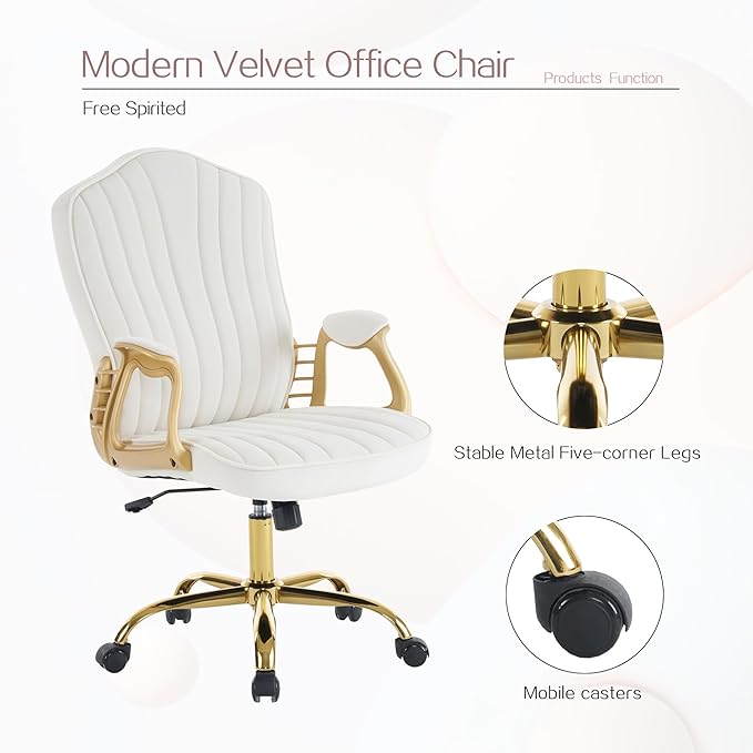 Velvet Home Office Chair with Gold Arms and Legs, Comfortable Upholstered Tufted Swivel Desk Chair Comfy with Wheels for Girls Women Study Bedroom Living Room,Cream