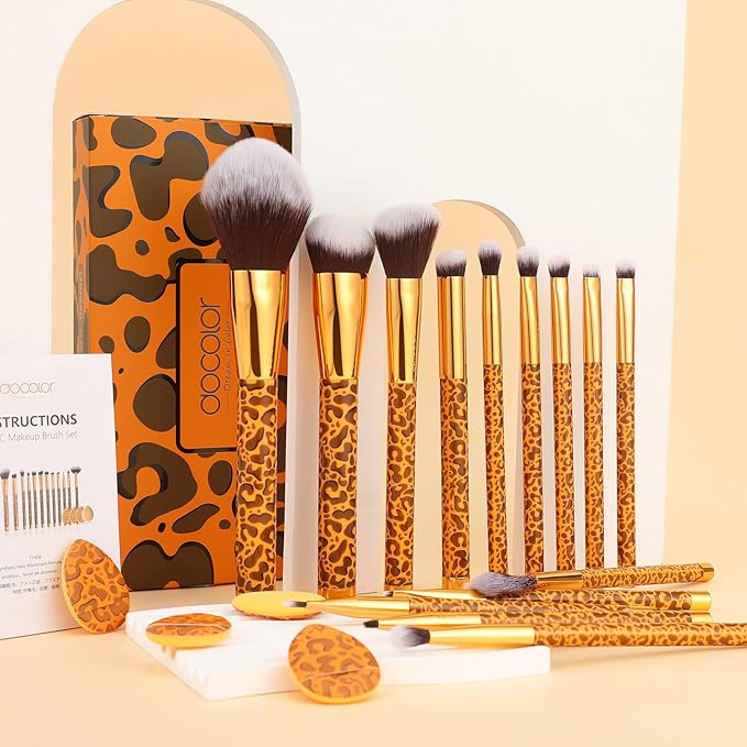 Docolor Makeup Brushes Leopard 14pcs Premium Synthetic Foundation Powder Concealers Eye shadows Blush Makeup Brush Set with 4pcs Makeup Puffs