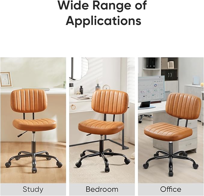 DUMOS Small Office Desk Chair - Armless PU Leather with Comfy Lumbar Support, Height Adjustable Rolling Swivel Task for No Arms, for Adult, Student, Bedroom, Home, Vanity, Brown