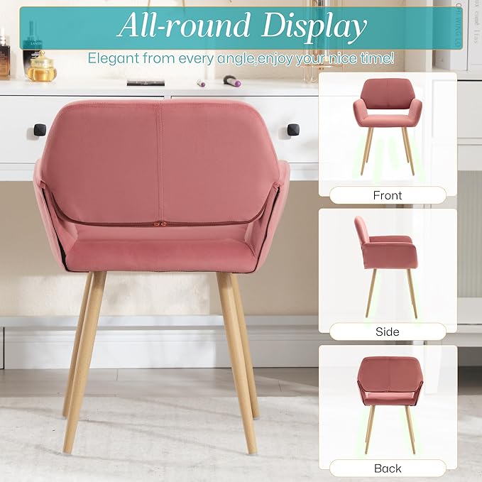 Home Office Velvet Desk Chair, Makeup Vanity Chair, Comfy Accent Armchair with Wood Grain Metal Legs, Cute Dining with Hollowed Back, Rose